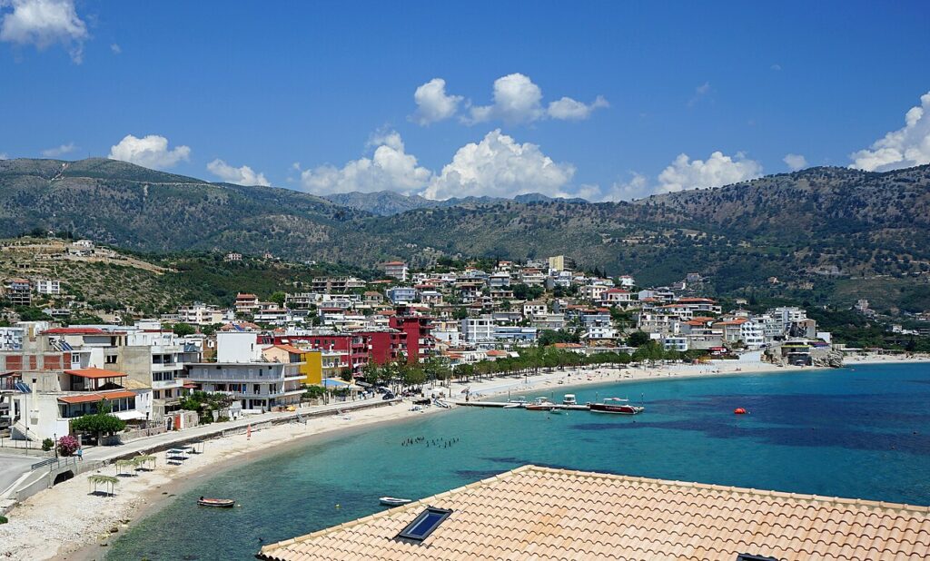 Panoramic view of Himarë town and its coastline on the Albanian Riviera