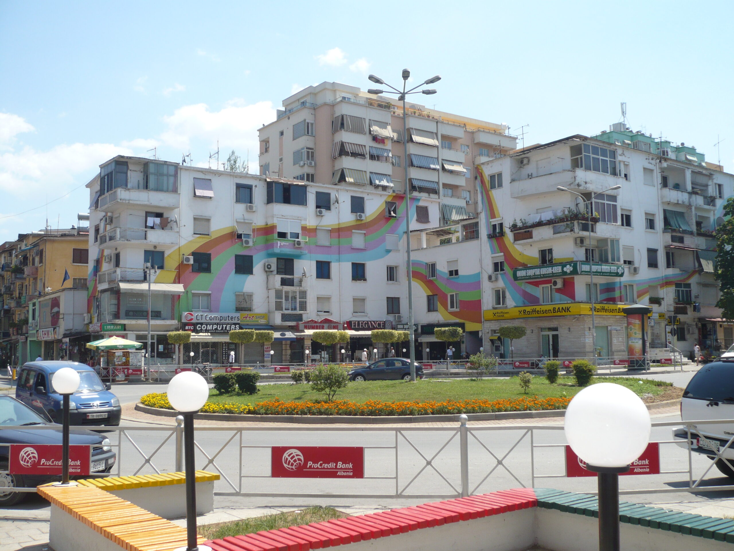 Colorful apartment building in Tirana typical of residential housing