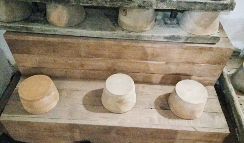 Two finished Albanian plis felt caps next to a wooden kallep felting mold at the Ethnographic Museum of Elbasan