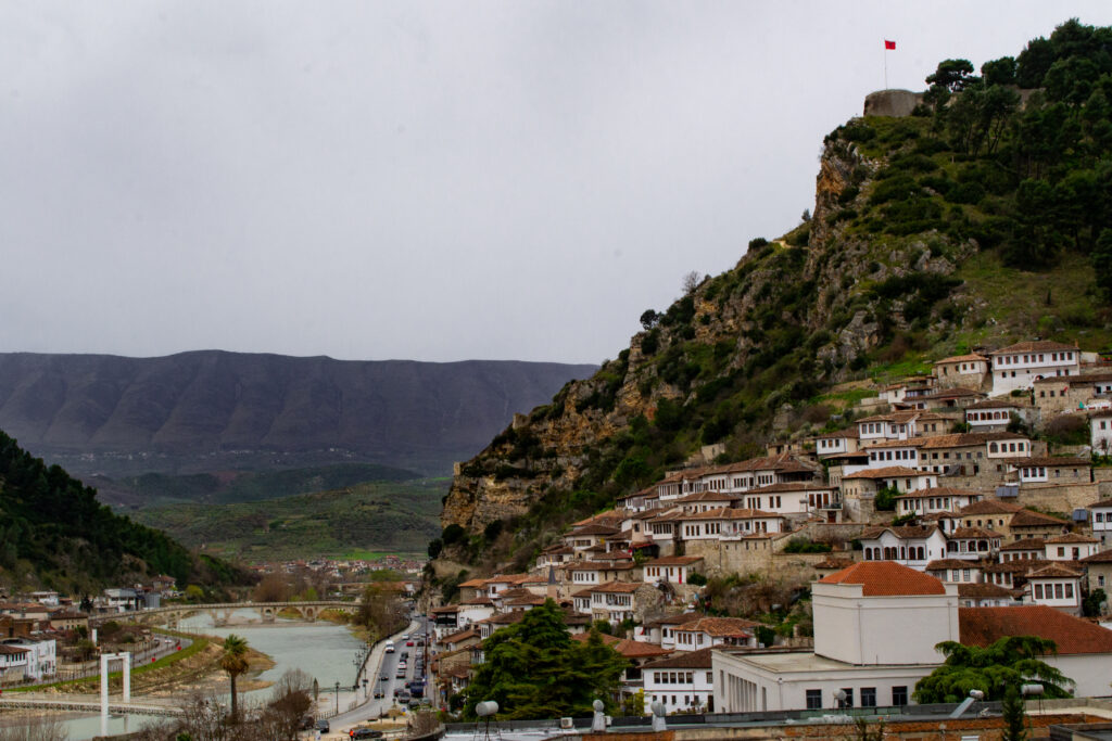 Panoramic view of Berat Albania showing white Ottoman houses climbing the hillside - the City of a Thousand Windows