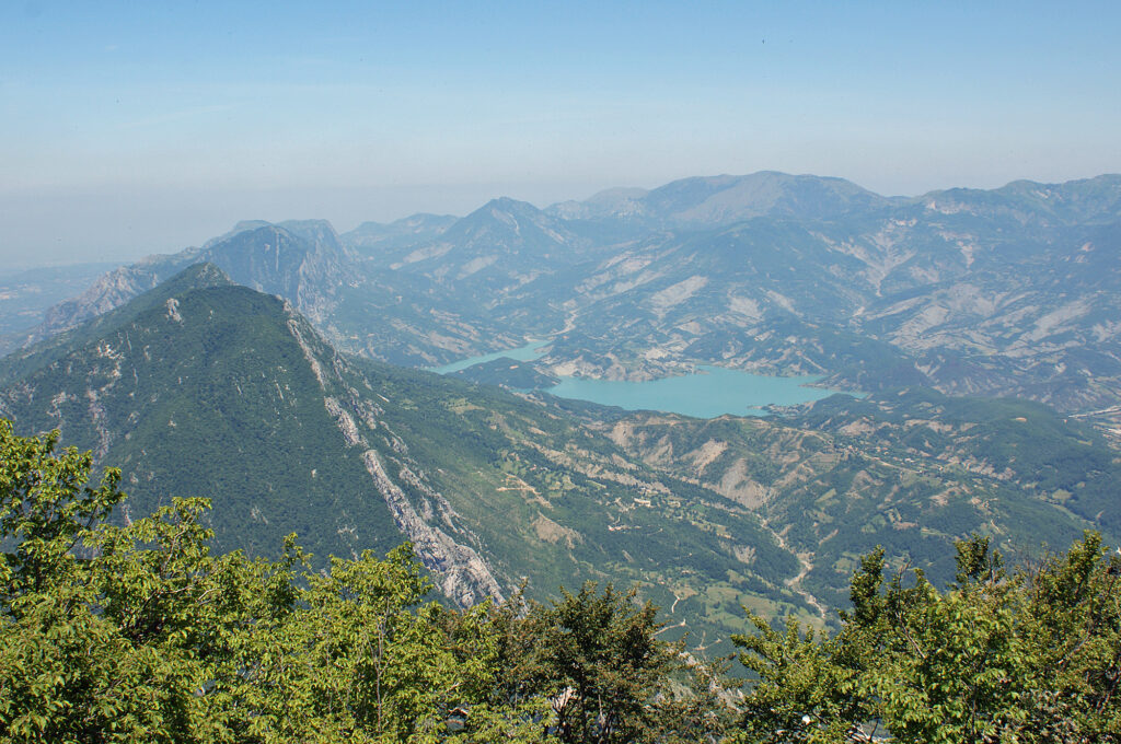 Turquoise Bovilla Lake reservoir in the hills near Tirana, Albania