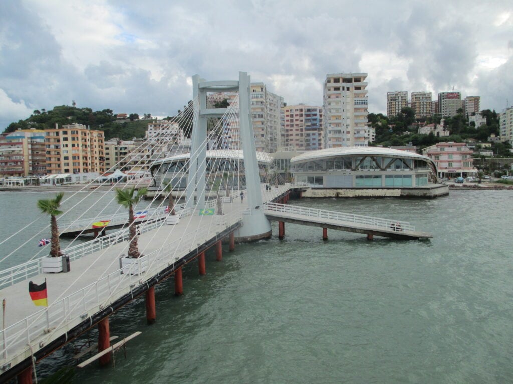 The Durres waterfront promenade and pedestrian bridge on the Albanian coast