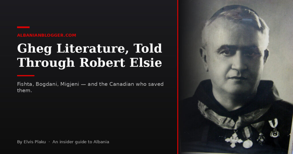 Gjergj Fishta portrait on a dark editorial card titled Gheg Literature, Told Through Robert Elsie