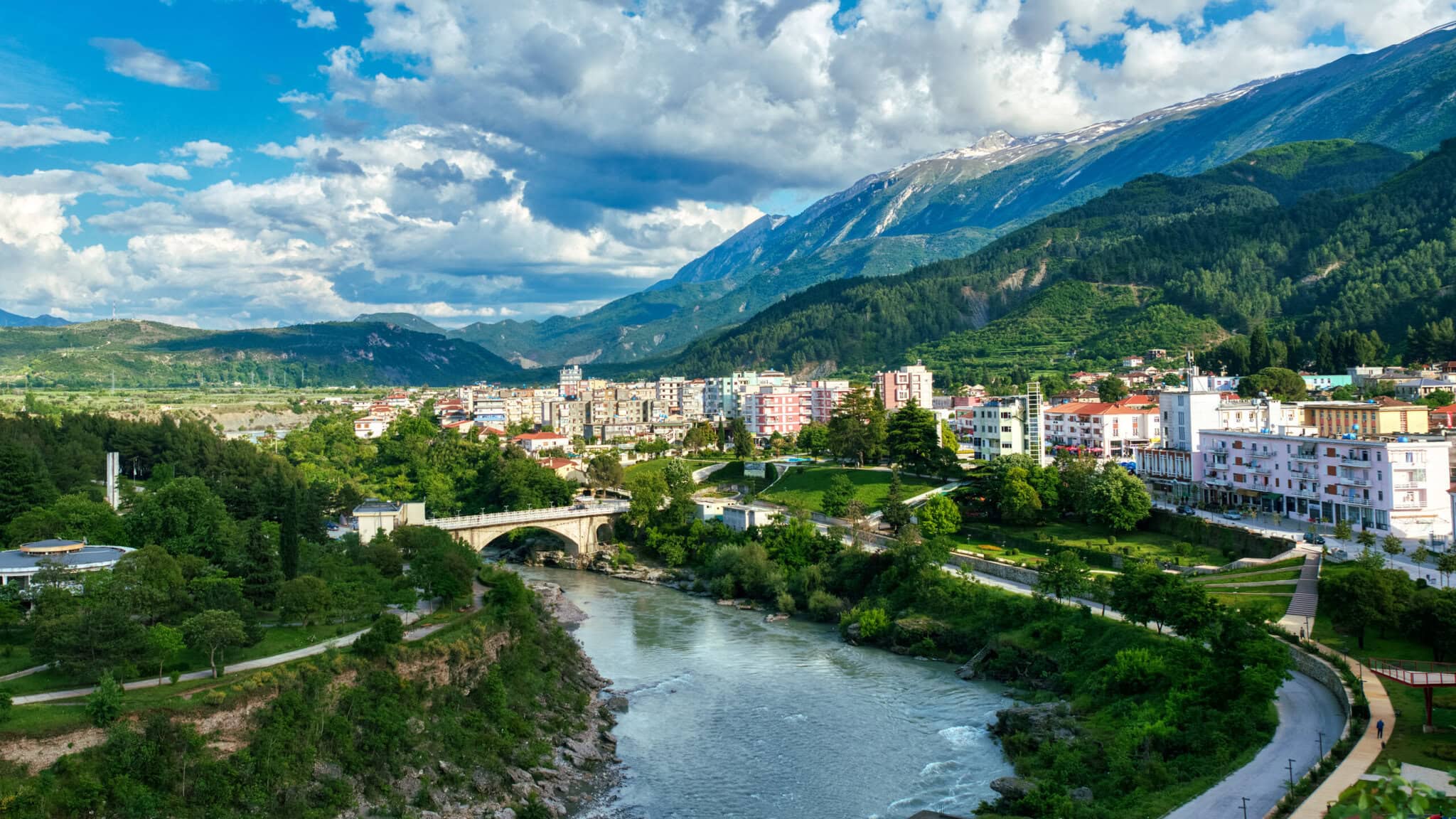 A view over the town of Përmet in the Vjosa valley, southern Albania