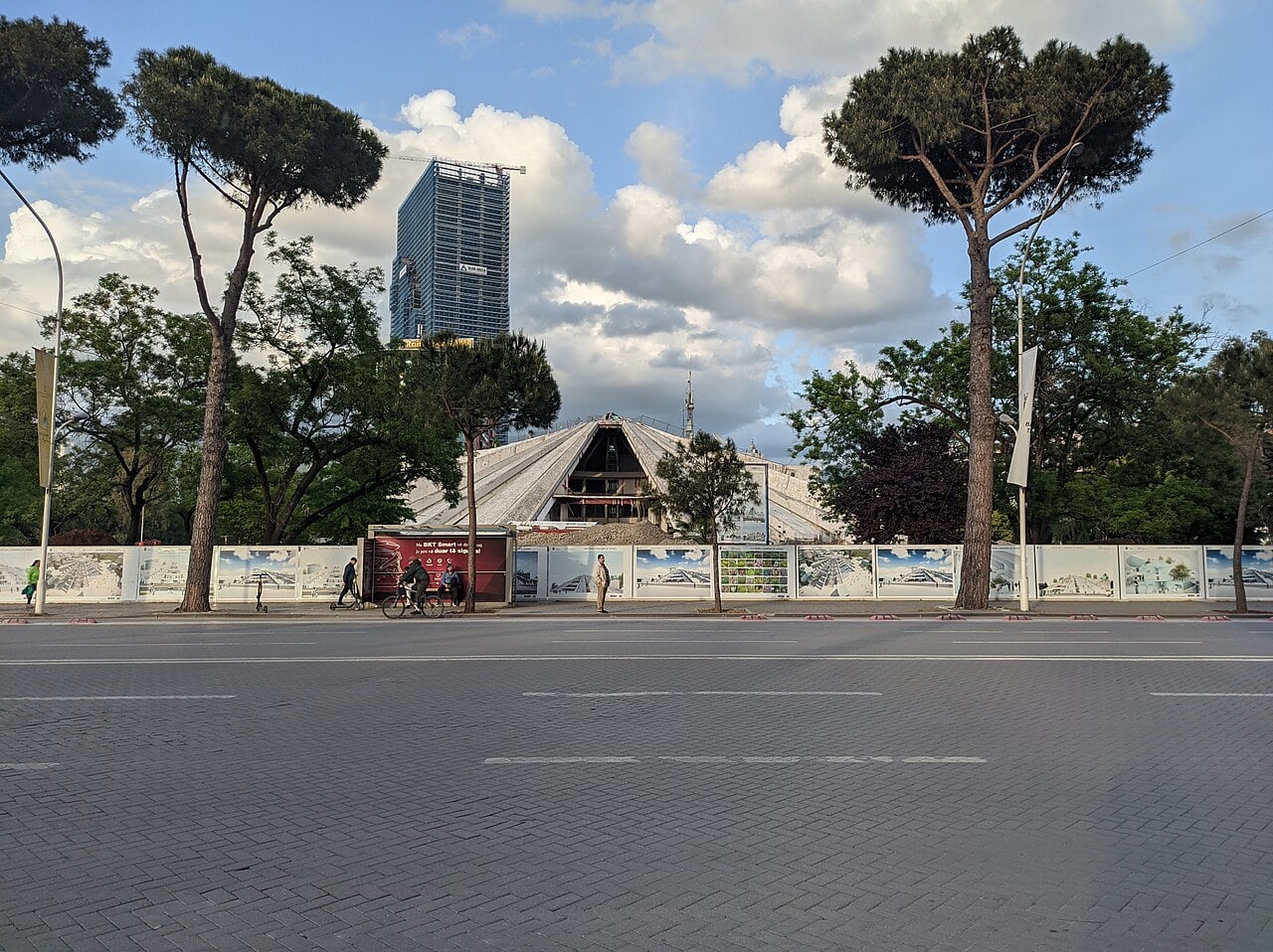 Construction scaffolding covering the Pyramid of Tirana in May 2021 during its renovation into TUMO Tirana