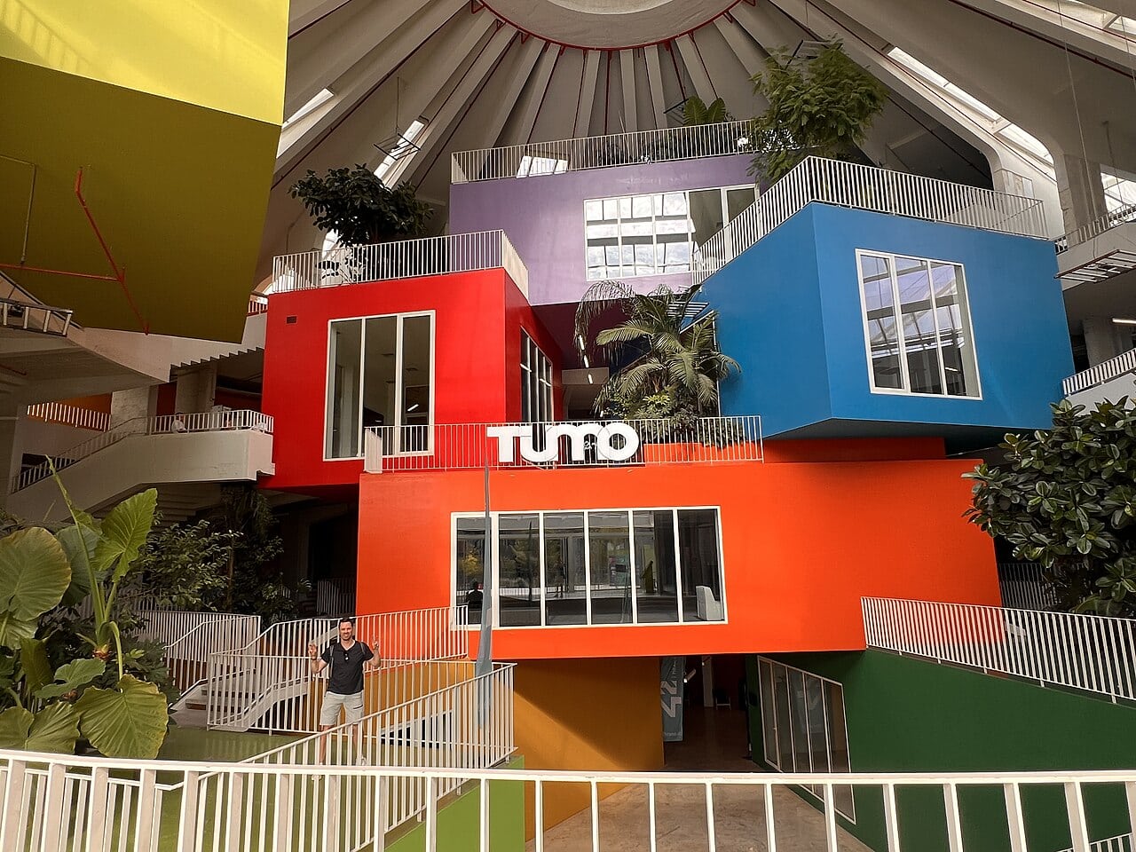Interior view inside the Pyramid of Tirana in 2025, showing the renovated open space now used by TUMO Tirana