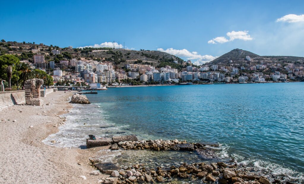 Saranda Albania waterfront and bay view with the city buildings along the Ionian Sea coast