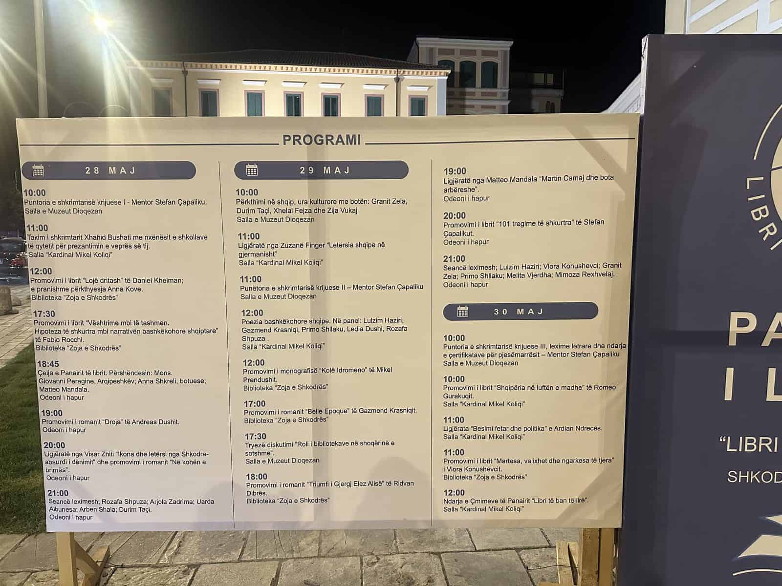 Programme poster for Shkodra's city book fair listing authors and events