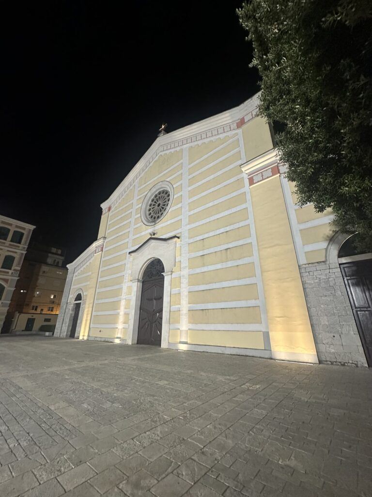 Cathedral of St. Stephen in Shkodra lit up at night