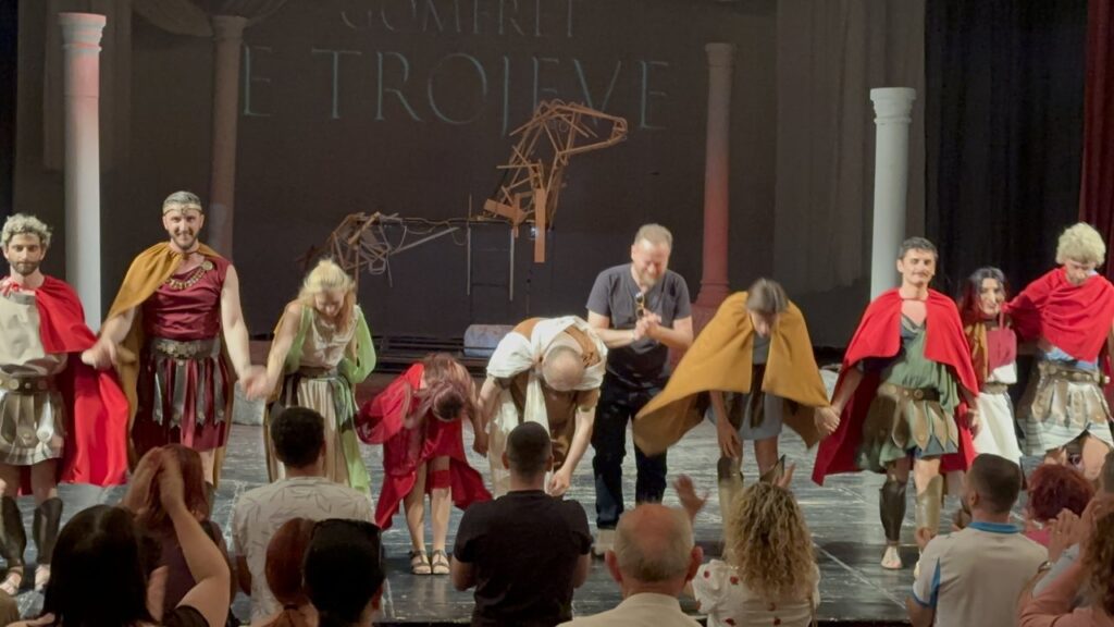 Director and cast acknowledging the audience at the Migjeni Theatre in Shkodra