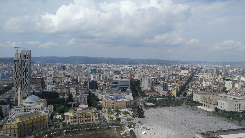 Aerial view of Skanderbeg Square in Tirana, Albania