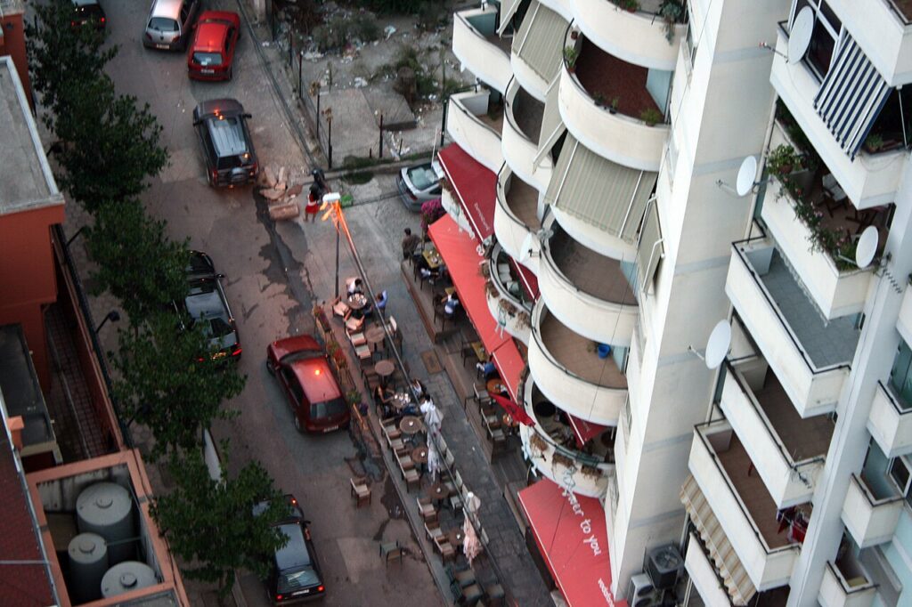 Street scene in the Blloku neighborhood of Tirana, Albania