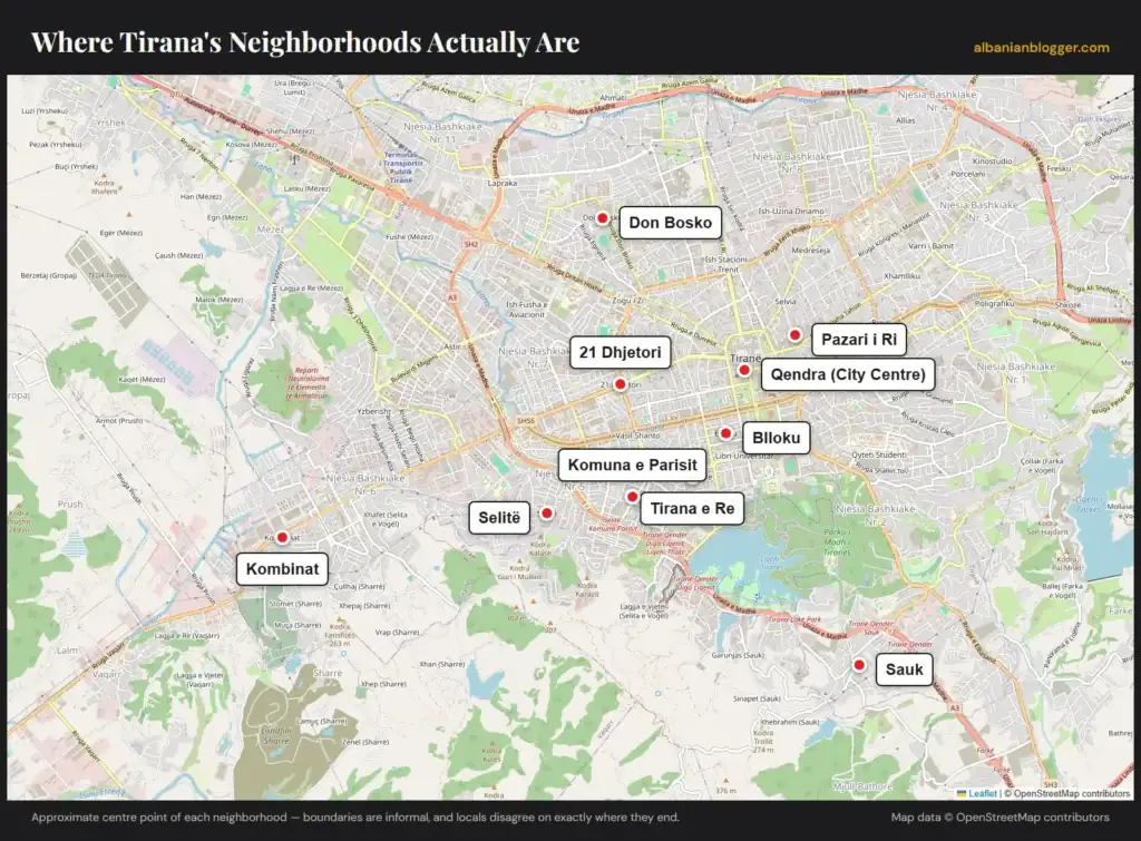 Map of Tirana showing the locations of Blloku, Qendra, Pazari i Ri, Komuna e Parisit, Tirana e Re, Sauk, Don Bosko, Selite, Kombinat and 21 Dhjetori neighborhoods