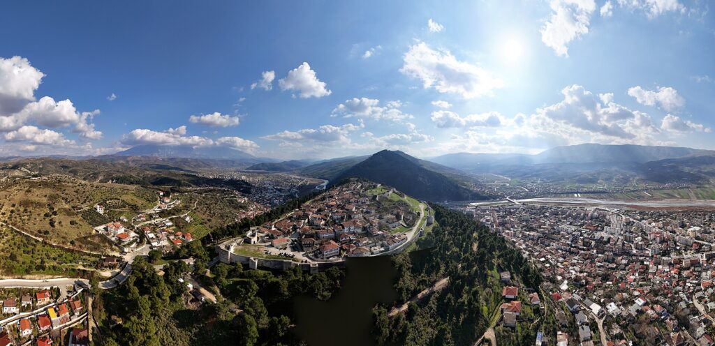 Aerial view of Berat Castle and the white Ottoman houses of Berat, Albania