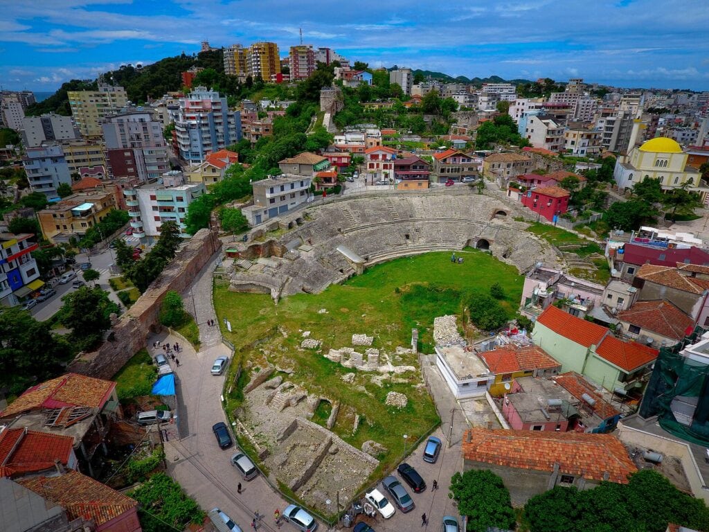 Aerial view of the Roman Amphitheatre of Durres, Albania