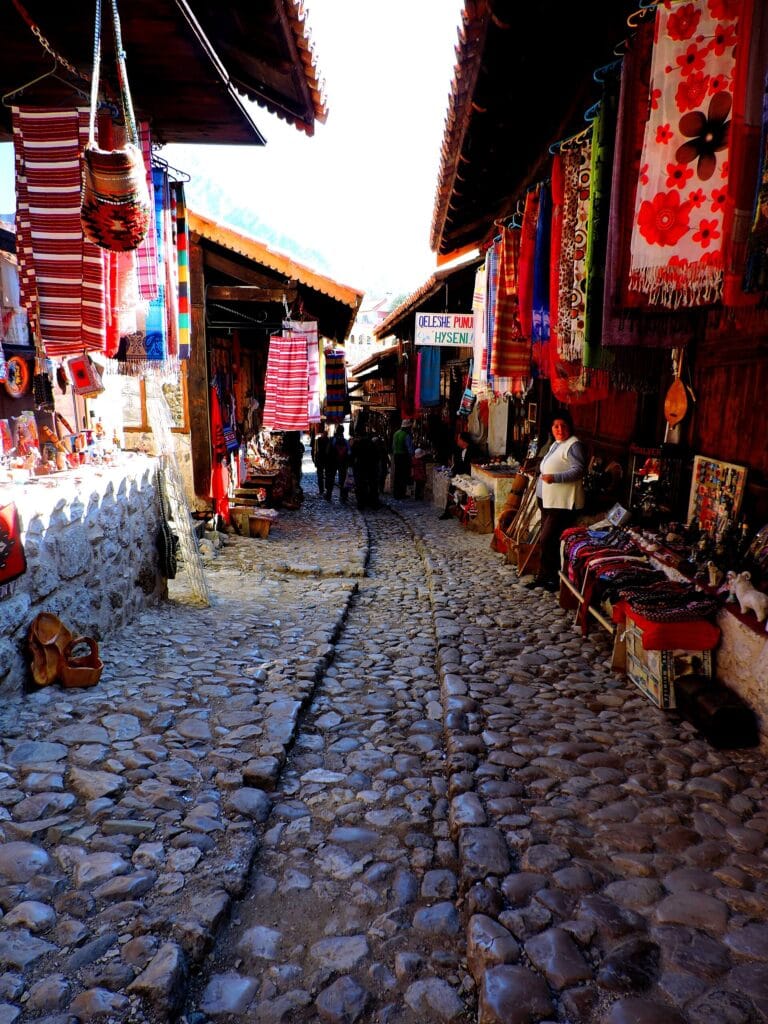 The cobbled Old Bazaar street of Kruja, Albania